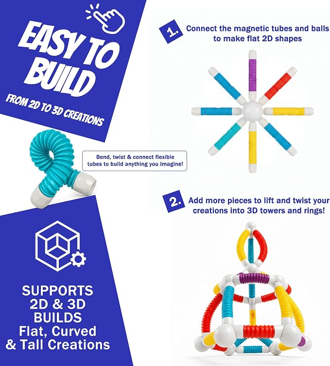 Flexible Magnetic Tubes for Kids, 66 PCS STEM Learning Builder Set | Flexible Magnetic Building Sticks, Build Snap & Shape Creative Structures, Sensory Learning Gift for Kids