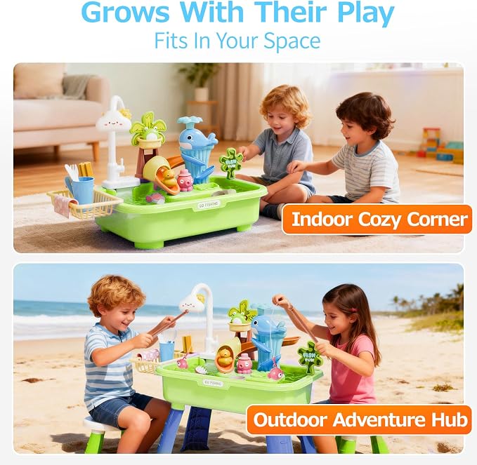 Water Table for Toddlers 1-3 with Pump, Spring-Green | 22Pcs Toy Accessories, 4L Basin, Fishing & Kitchen Sink. Outdoor Sensory Toy for Toddlers 1.5-3