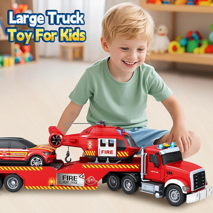 Bstoyder Toddler Boy Toys for 3 4 5 6 7 Years Old Kids, 21" Semi Fire Truck Toy with Racing Car and Helicopter, Friction Powered Toys with Lights and Sounds, Birthday for Boy Girls