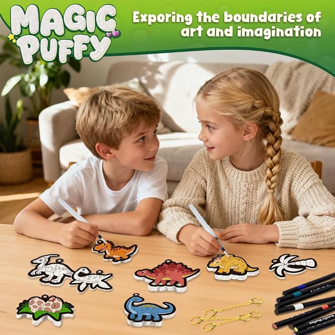 Artnedu Magic Puffy Paint Kit for Kids,Dinosaur Theme,Mess-Free DIY Toy | 3D Color Activity,Screen-Free Entertainment,Paint by Number Craft for Kids,Gift for Girls & Boys Ages 4, 5, 6, 7, 8, 9, 10
