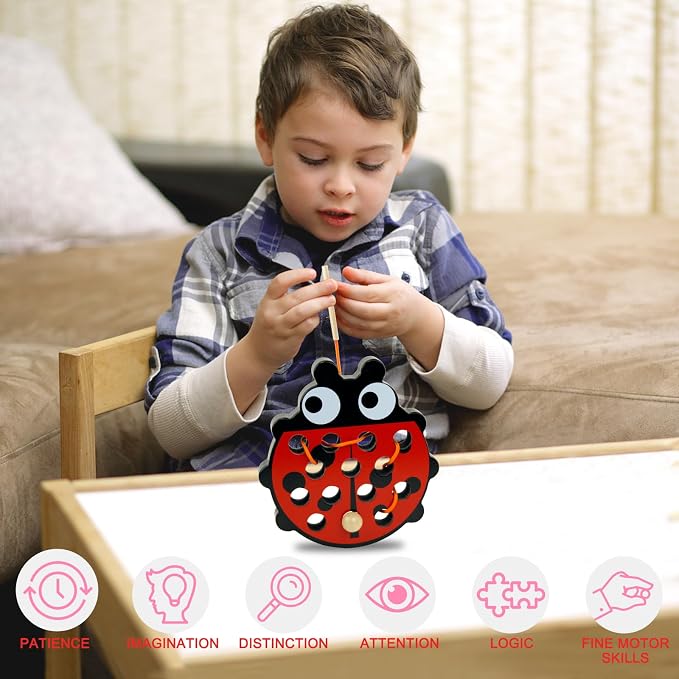 Sealive Wooden Lacing Toys for Toddlers, Fun Learning Activity | for Preschoolers, Develop Fine Motor Skills, Durable Montessori Toy for Travel (Ladybug)