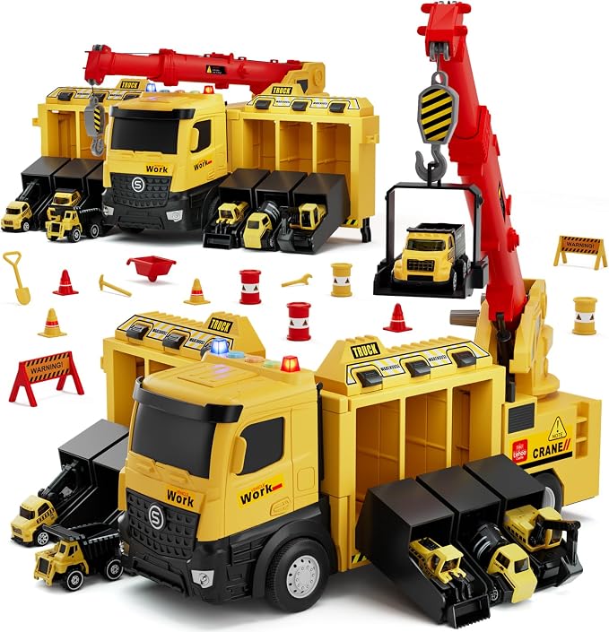 Lehoo Castle Construction Crane Truck Toys for Boys 3 4 5 Year Old | Construction Vehicles, Realistic Light & Sound, Crane Truck Toys, Birthday Gifts for Toddlers 3+