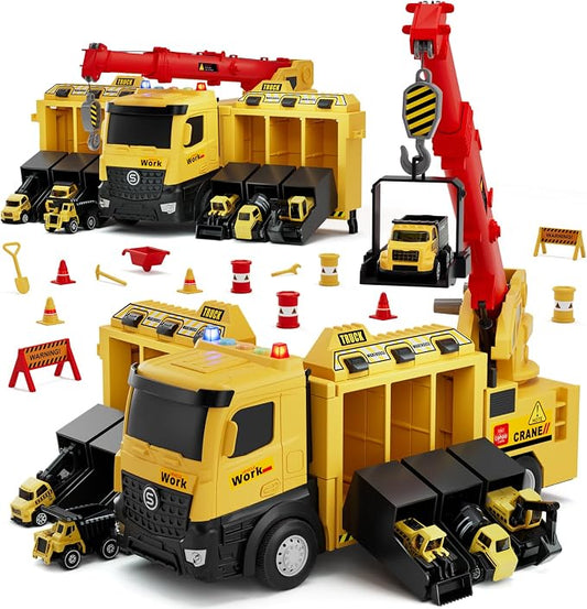 Lehoo Castle Construction Crane Truck Toys for Boys 3 4 5 Year Old | Construction Vehicles, Realistic Light & Sound, Crane Truck Toys, Birthday Gifts for Toddlers 3+