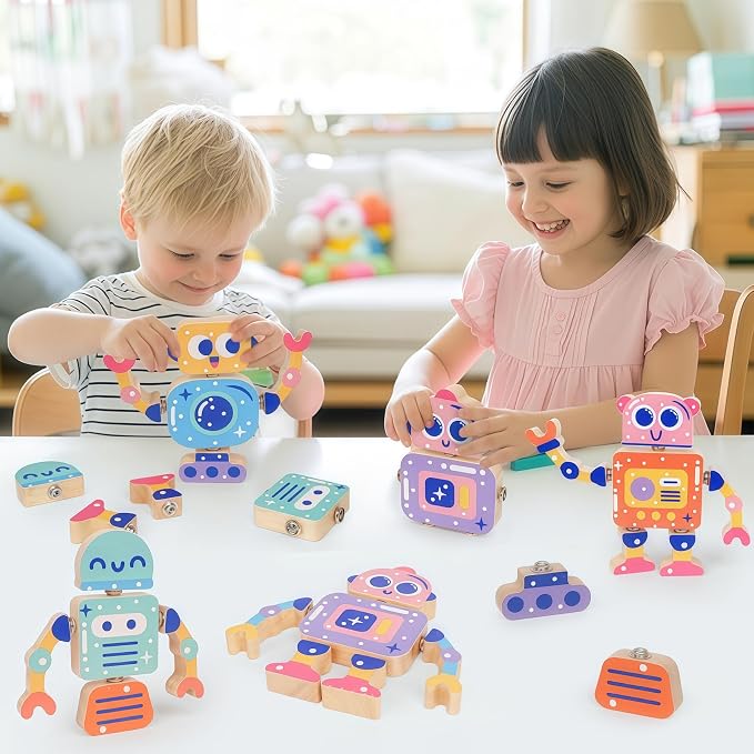 Robot Toys for Kids 3-5,Montessori Wooden Learning Toy with Take Apart Features Robots,STEM Educational Play Fine Motor Games for Boys Girls