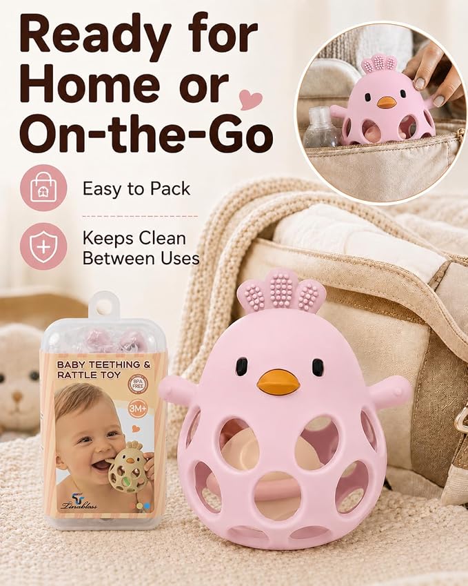 Tinabless Baby Teether Rattle Toys, 2-in-1 Easy Grip Silicone Teething for Babies 3-12 Months, BPA-Free Sensory Chew Toy for Sore Gums, Infant Gift (Pink w/Rattle)