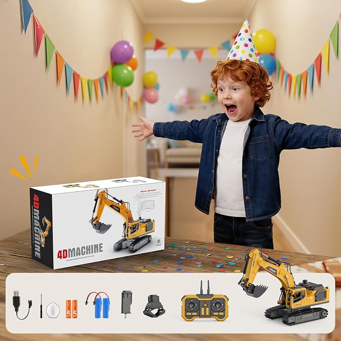 Remote Control Excavator Toy for Boys, 3-in-1 RC Excavator with Alloy Bucket, Breaker & Grapple, Construction Vehicle Toys with Lights & Sounds, 2×1200mAh Batteries, Birthday Gift for Kids 3-12