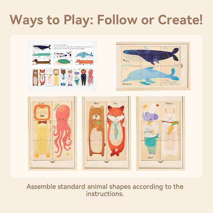 Wooden Animal & Career Matching Puzzles for Ages 3+, Chunky Pieces with Storage Box, Montessori Preschool Learning Toy for Fine Motor & Vocabulary, Birthday