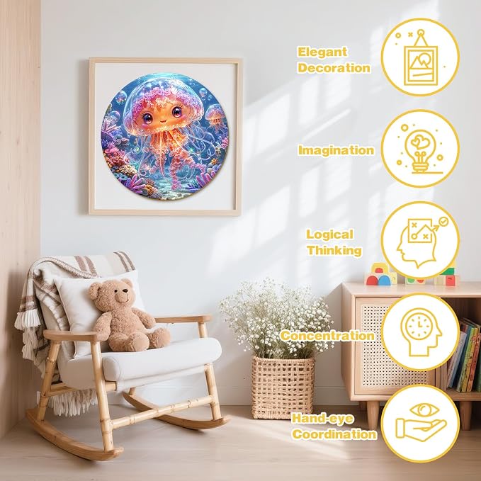 Ocean Wooden Puzzles for Kids - Cute Jellyfish | 50 Piece Puzzles for Kids Ages 6-8, Kids Puzzles with Unique Animal Shapes, Round Gift for Girls and Boys (11.4 * 11.4 in)