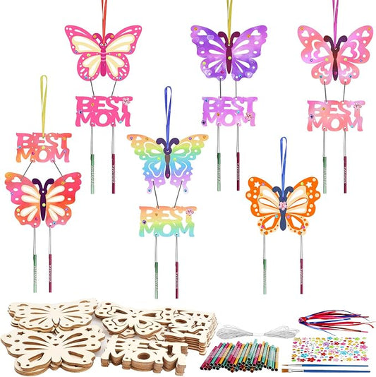 Fennoral 12 Pack Butterfly MOM Wind Chime Kit for Kids Make You Own Mother's Day Craft Kit DIY Coloring Wooden Art and Craft for Mom's Birthday Decoration from Son Daughter