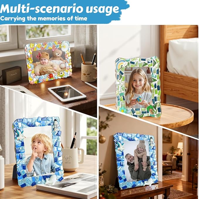 A&H Zier Mosaic Kit 3-Pack 5x7/4x6 DIY Photo Frames Craft for Kids 6+ | Mosaic kit for kids 8-12 3 wooden frames (fit 4x6/5x7) 200+ glass tiles non-toxic glue tools&instructions Fun family activity
