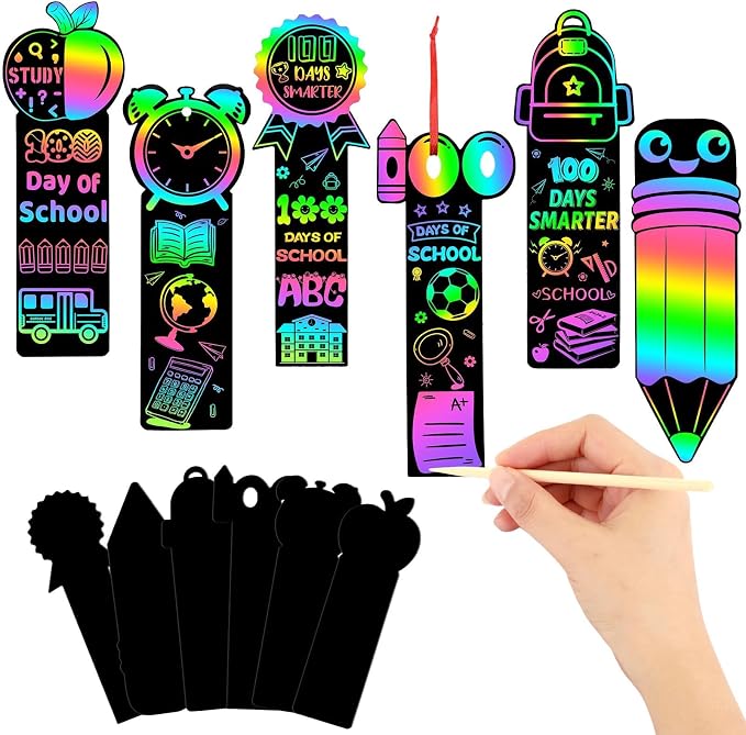 JUNEBRUSHS 30Pcs 100 Days of School Scratch Bookmarks, Rainbow Magic Scratch Paper Art for Kids 100 Days of School Craft for 100th Day of School Gifts Activities Project Party Favors