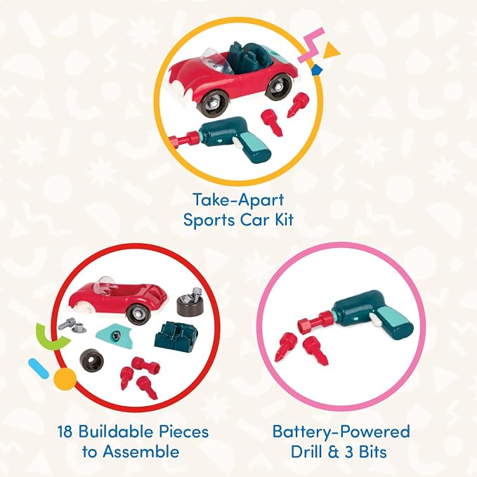 Battat Roadster Toy Drill Sports Car Building Set, Red, Roadster Car, Take | 22-piece toy vehicle with 18 roadster parts, battery-powered drill, and 3 bits for building play, Roadster Car, 3+ Years