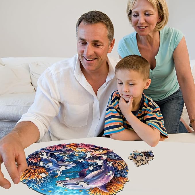 Qiuenisray Wooden Puzzles for Adults, Dolphins Jigsaw Puzzles 200 Pieces | FSC Certified Unique Shape Ocean Puzzles 11.2x11.2 in, Beautiful Decor, Unique Wood Puzzle, Creative Gift for Family Game