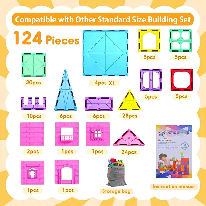 Antibacterial Magnetic Tiles 124PCS with 4 XL Squares, STEM Toy | Bacteria Resistant, EPA-registered, Toddler-Safe, 3D Large Construction Education Building Blocks Set, Clean Play for Kids
