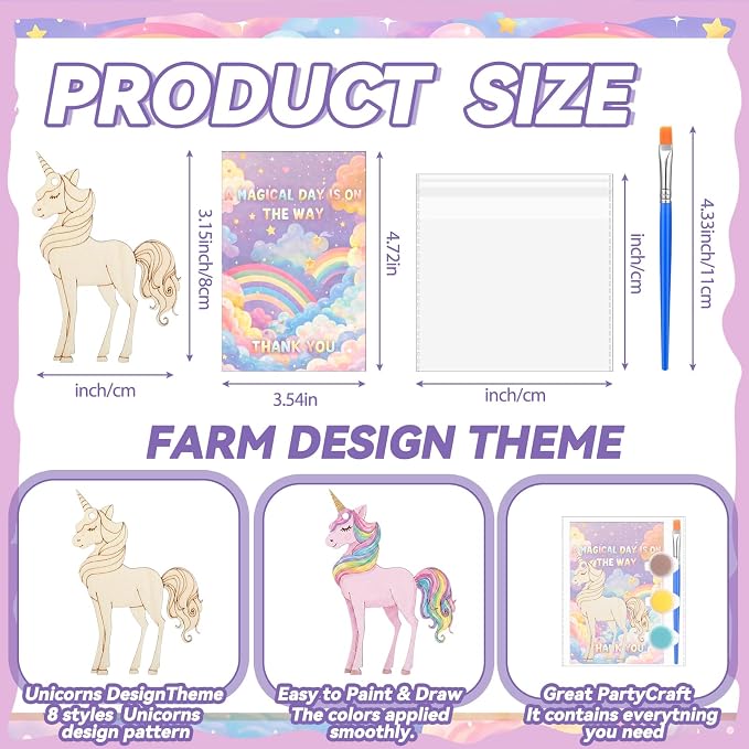 Saypacck 24 Pcs Rainbow Unicorn Party Favors Wooden Paint Craft Kits | Rainbow Designs with Paints, Packaged for Goodie Bag Fillers, Fun Craft Activity, Thank You Gifts and Decorations