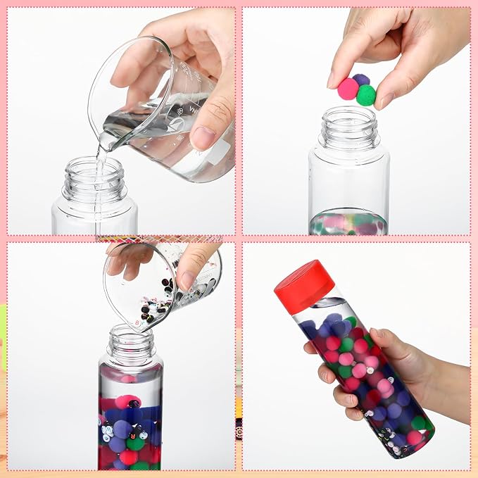 FoldTier 12 Set Letter Sensory Bottles, Plastic Clear Calming Kit | 13.5 oz Bottle, Pom-pom Balls, Alphabet and Number Decor, Clay, Rainbow Tape, Calm Down Jar Filler for Back to School