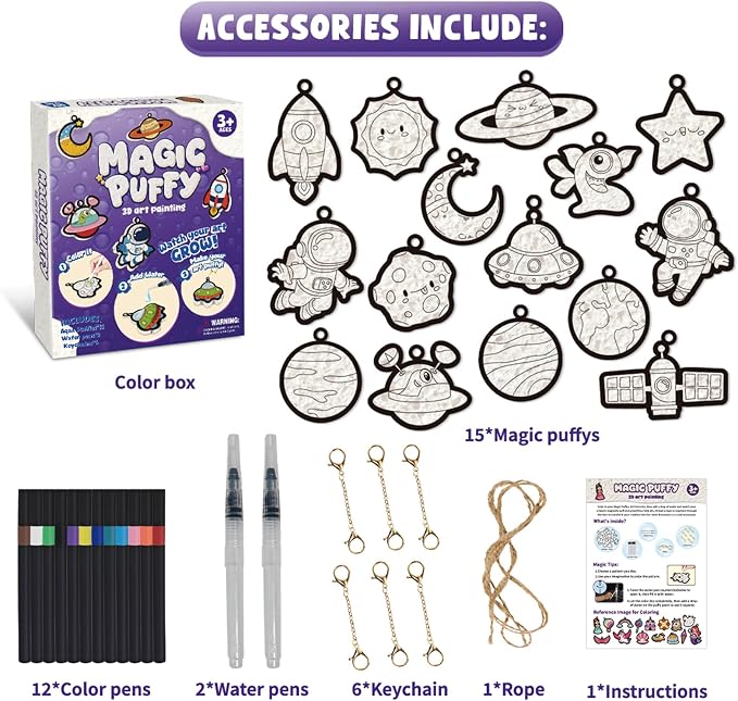 Artnedu Magic Puffy Paint Kit-Space & Astronauts,3D Art Kit,Mess-Free Toy | DIY Magic Puffy Keychain,Paint By Craft Kits for Kids,Travel Toys & Creative Gift for Girls & Boys Ages 4, 5, 6, 7, 8, 9, 10