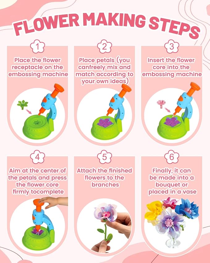 Glowsprout DIY Flower Bouquet Maker Kit with Fabric Petals for Girls, Green | Easy-press flower maker with colorful fabric petals and stems for bouquets, baskets and creative gifts for girls ages 3-12