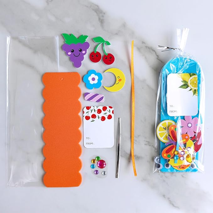 Winlyn 36 Sets Summer Crafts Kits DIY Whimsical Bookmarks Decorations Art Sets Fruits Treats Animals Sun Rainbow Foam Stickers for Kids Classroom Activities Reading Rewards Birthday Camp Party Favors
