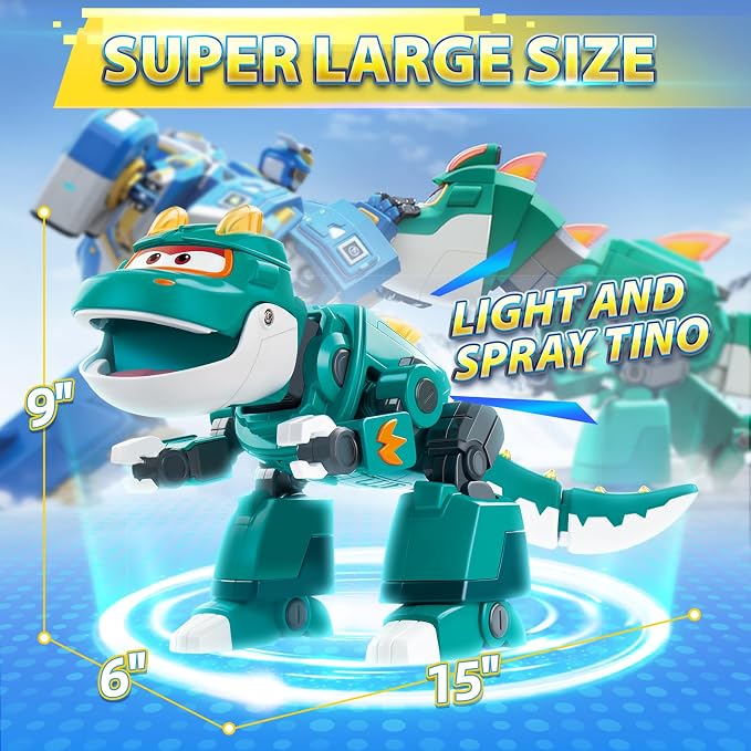 Super Wings Toys Tino 15inch Dinosaur, Season 6 New Character, Dinasour Action Figures with Water Mist, Flashing Light, Roaring, Dinosaur Toys for Kids 3-5 or 3+