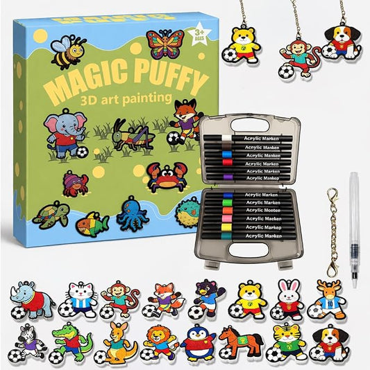 MWOMGLP Magic Foam Texture Painting Kit, 16 Pack DIY Puffy Foam Art Craft Set for Kids, 3D Sensory Painting Paper with Colorful Foam Sheets, Creative Gift for Boys Girls Ages 3+(Animal Football)