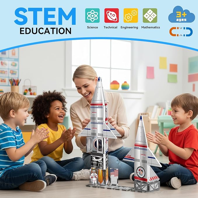 AFUNX Space Rocket Magnetic Tiles, Building Blocks STEM Toy for Kids 3+ | Rocket Themed Magnetic Blocks with Astronaut Designs,Smooth Edges, Compatible with Other Tiles, Gift for Kids