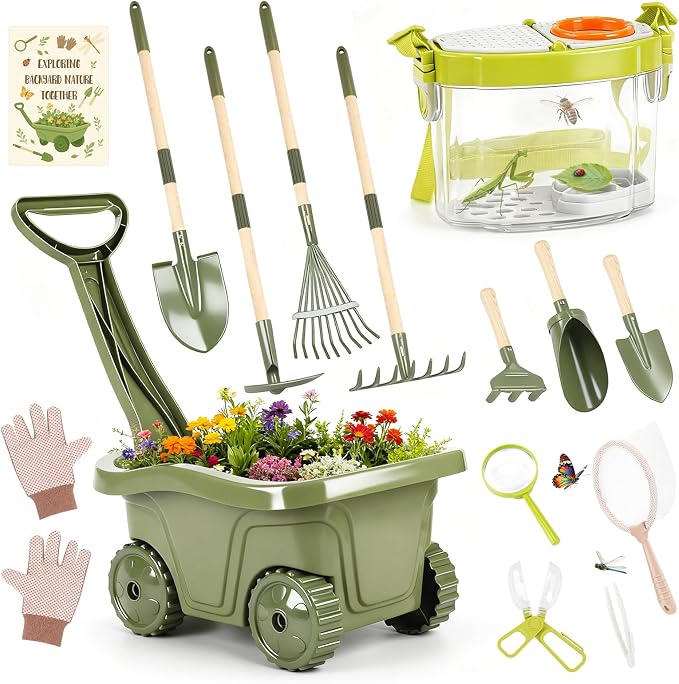 Dreamon Kids Gardening Set, 14Pcs Kids Gardening Tool with Bug Catching Kit | 2-in-1 Outdoor Toys with Wheelbarrow and Bug House, STEM Educational Toys for 3 4 5 Year Old Girls Boys Birthday Gifts, Green