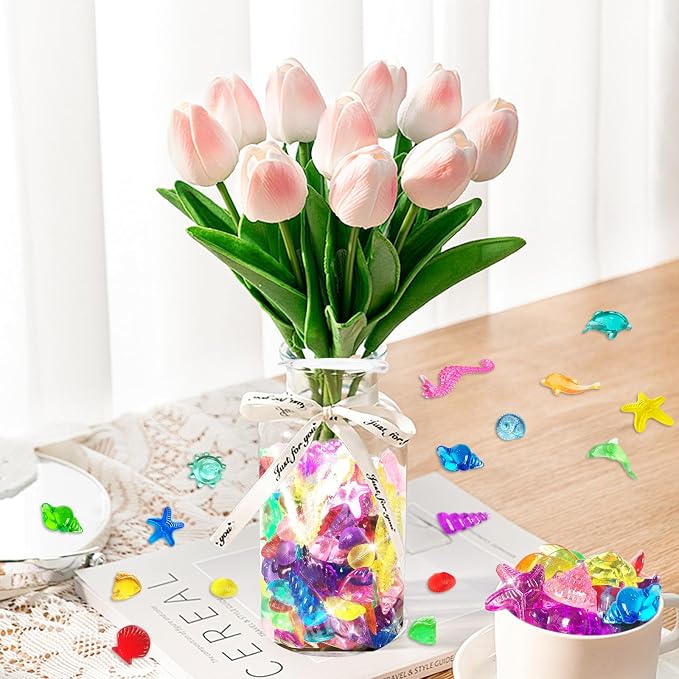 100+ Pcs Mini Sea Shell Ocean Sensory Bin Filler Diving Gem Toys for Kids | Little Acrylic Plastic Seashells Animals Figurines Decorating Crafts, Mermaid Pool Party Favors, 15 Colors 12 Styles