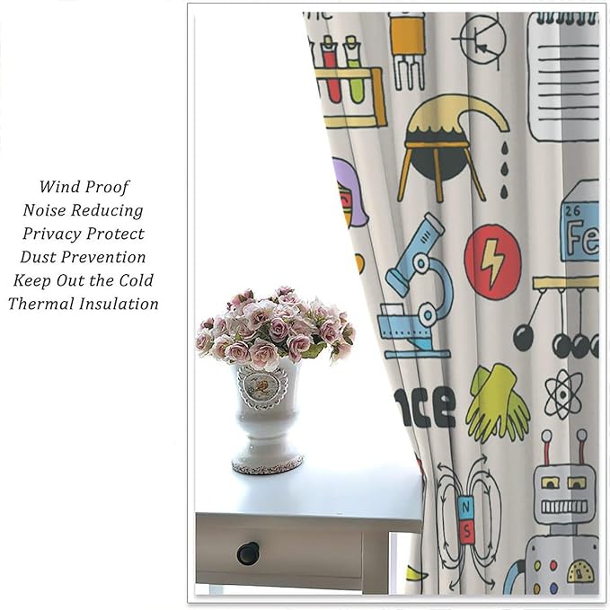 Cartoon Science Bedroom Curtains, Chemistry Science Pharmacy Research Blackout Rod Pocket Window Drapes for Childs Girls Boys Bedroom Living Room Home Set 2 Panels,42x45 Inches