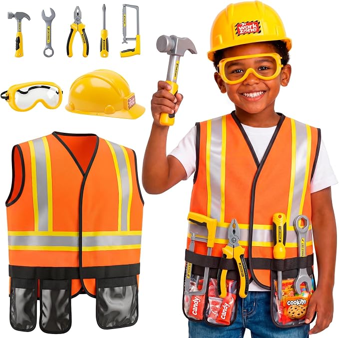 Pandapop Kids Tool Set, Costumes for Kids, Toddler Dress Up Toys | Toddler Tools with Kids Construction Vest, Hard Hat & Goggles, Kids' Dress Up & Pretend Play, Halloween Costumes for Kids