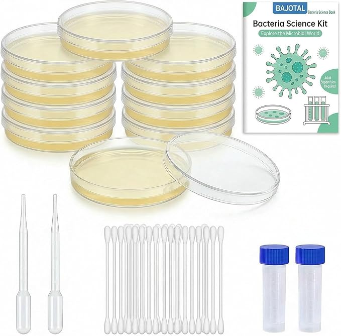 Bacteria Growing Kit with Pre-Poured Agar Plates | LB Agar Petri Dishes for Kids, Students | Ready-to-Use for Science Fair Projects, School Labs & Home Experiments