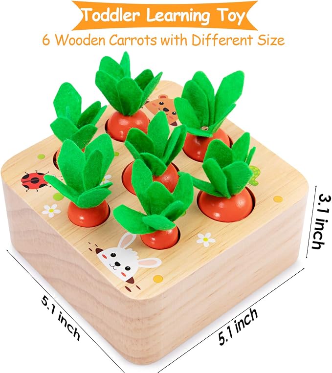 Montessori Toys Baby Easter Toys for Toddlers 1-3 Years Old, Educational Wooden Carrot Toys Shape Size Sorting Matching Puzzle, Great Baby Easter Gifts Birthday Gift Toy