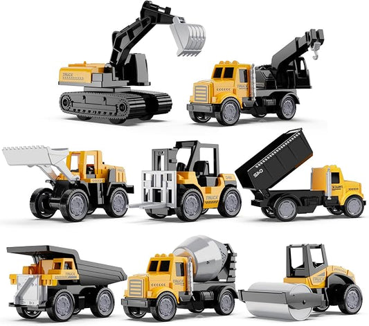 HONGTUO Alloy Mini Construction Vehicles, 8Pcs Die-cast Construction Toys | Excavators Mixer Truck Bulldozers Forklift Dump Truck, Pull Back Car, Construction Trucks Toys for Toddlers Kids Boys & Girls