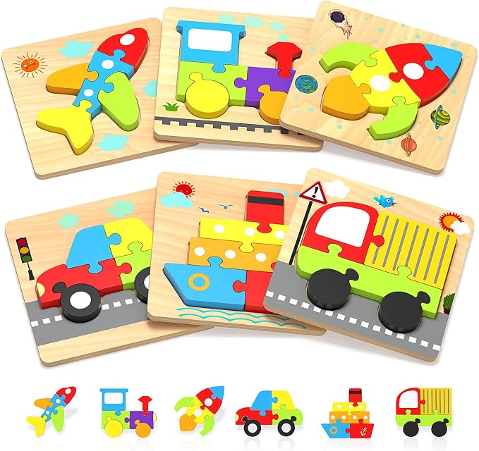 Benresive Wooden Toddler Puzzles, Toddler Toys, 1 2 Year Old Boy Girl Gift | 6 Pack Vehicle Montessori Toys for 1 2 Year Old, Preschool Educational Learning Toy, Great Birthday Gifts for Boys Girls