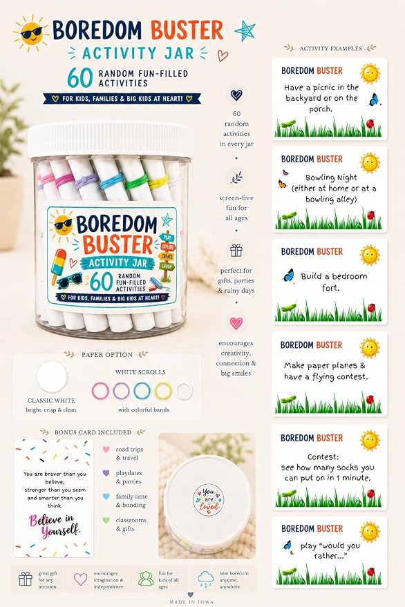 Boredom Buster Activity Jar with 60 Screen-Free Kids Activities | Family Activities, 60 Activities, Screen-Free Fun, Kids & Families, Activity Jar