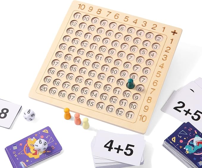 2 in 1 Multiplication Addition Math Board Game for Kids - Wooden Montessori Math Toys for Girls Boys 4 5 6 7 8 9 Years Old Wood Double Sided Board Table Dice Card Games for Family