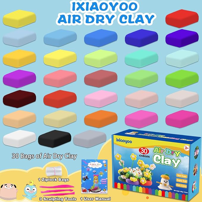 Ixiaoyoo Air Dry Clay, 30 Colors Foam Modeling Clay for School Projects | Safe & Non-Toxic, Soft, Non-Sticky, DIY Model Crafts Kids Toys for Home Party Favors, Birthday Gifts for Aged 3–12 Boys Girls