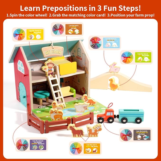 INIFEIDALA Montessori Farm Dollhouse for Toddlers 3-5 | Wooden Farm Animals Playset, Storytelling, Pretend Play, Language Development