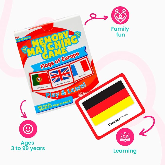 Menique Flags of Europe Memory Matching Game – 100 Cards (50 Pairs) with Flag, Country & Capital – Educational Geography Game for Kids and Adults
