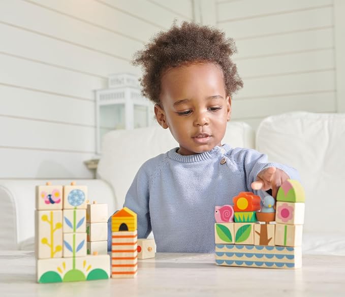 Tender Leaf Toys - Garden Blocks - 25 Pieces Decorative Garden Themed Wooden Stacking Blocks with Peg - Building Blocks, Hand-Eye Coordination Strength & Creative Play - Age 18m+