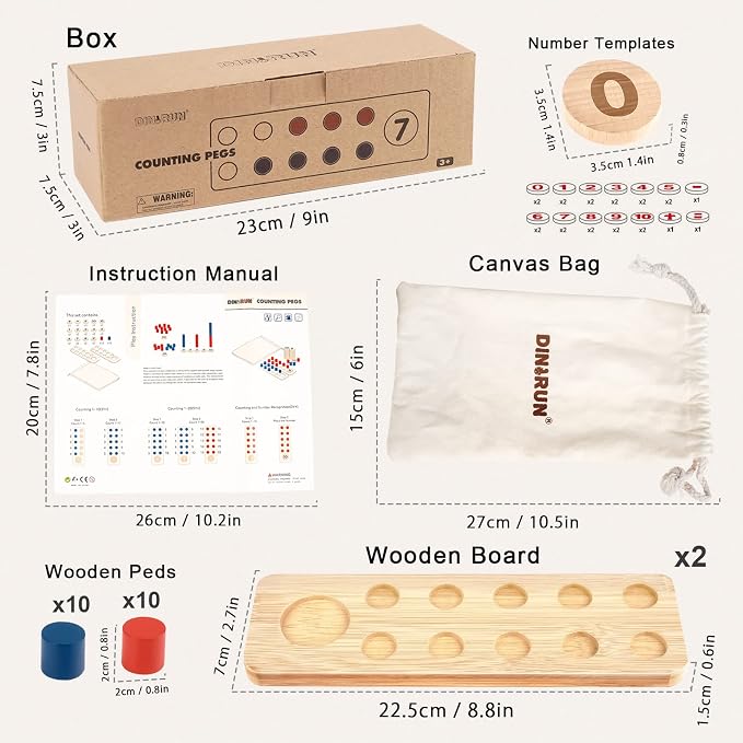 DINORUN Montessori Toys for 3 4 5 Year Old Boy Girl Birthday Gifts - Counting Peg Board for Kids 3-5-7 - Wooden Learning Math and Numbers Manipulatives Materials for Preschool Teacher Classroom