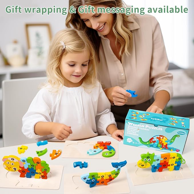 6 Pack Wooden Puzzles for Kids Ages 3-5, Animal Jigsaw Puzzles | 60 Pieces, CPC certified, with Numbers 1-10, Montessori Learning Toys, Educational Number Puzzle Gift Set, in Gift Box