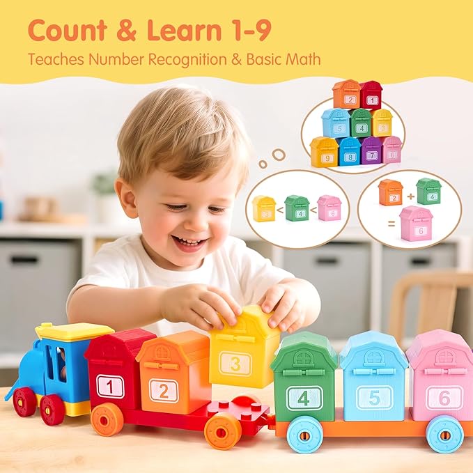 hahaland Montessori Farm Train Set, Toddler Learning Toys for 2-3 Year Olds | Count, Match, Sort Unlock 9 Numbered Barns with Farm Animal Finger Puppets, Color-shape Keys and 4 Train Birthday Gifts