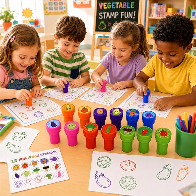 Cinrobiye 24 Pcs Vegetable Stampers Party Favor Set, Cute Veggie Stamps for Kids Birthday Party, Classroom Rewards, Educational Learning Toys, Goody Bag Fillers, Healthy Food Party Supplies