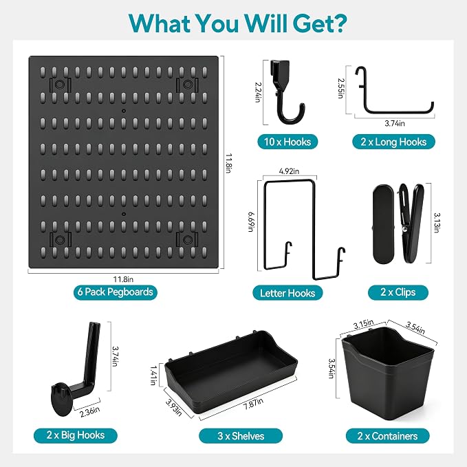 Black Peg Board, 24"x36" Pegboard Wall Organizer, Includes 6PCS Black Peg Boards and Accessories, Plastic Peg Board Panels for Craft Room, Office, Kitchen, Gaming Room
