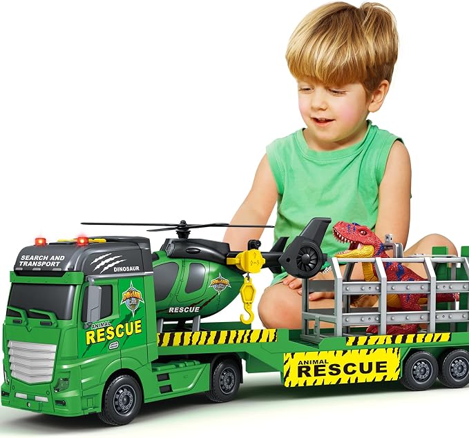 Bstoyder Toddler Boy Toys for 3 4 5 6 7 Years Kids, 23" Semi Flatbed Truck Toy with a Dinosaure Truck, Friction Powered Vehicles Toys with Lights and Sounds, Birthday for Boy Girls
