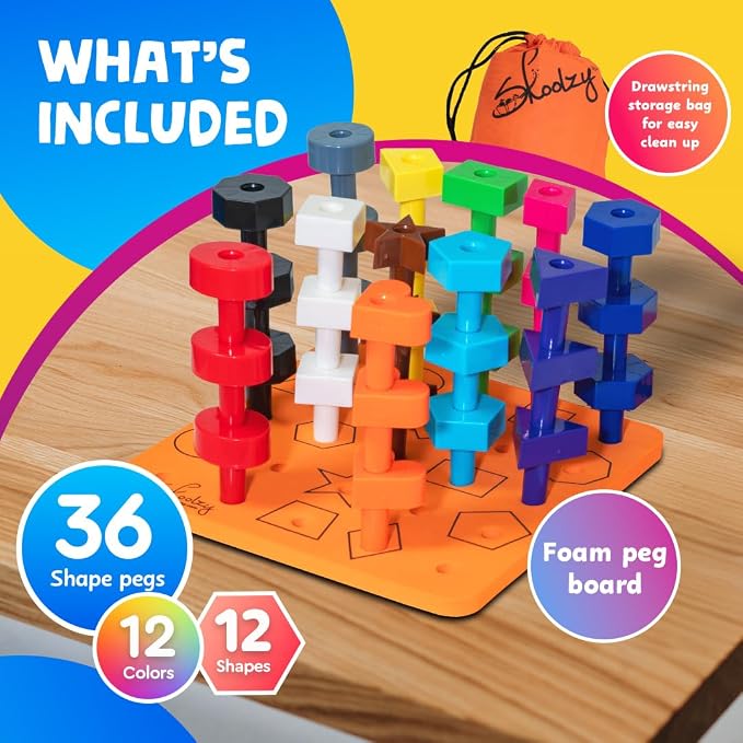 Peg Board Set, Montessori, 38 Pc Plastic w/Shapes, Ages 2+ | Occupational Therapy Toys with Pegs, Dice, Lacing String & Storage Bag, Educational, Sensory