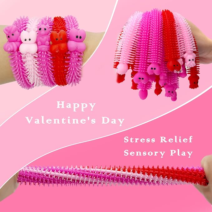 YZXODN Valentine's Day 48 PCS Stretchy Strings Fidget Toys, 24 Sensory Toys + 24 Cards for Kids - Stress Relief, Autism Toy – Perfect for Children’s Day, Classroom Exchange, Party Favors