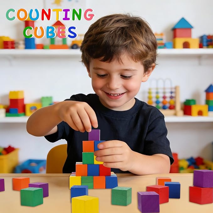 Offelec 108 Pack 1 Inch Wooden Blocks, 6 Colors STEM Math Sorting Toys, Wood Building & Stacking Blocks for Toddlers, Classroom Learning Wooden Cube Blocks, Creative Play & DIY Craft for Kids Ages 3+