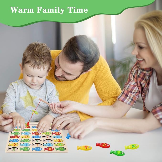 Magnetic Wooden Fishing Game Toy for Preschoolers, Alphabet Fish Catching Counting Games Puzzle with Numbers and Letters, Preschool Learning ABC and Math Educational Toys for 3 4 5 Years Old Kids